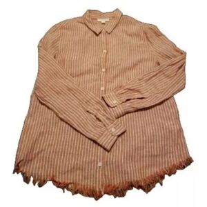 BeachLunchLounge Linen Cotton Red White Stripe Long Sleeve Shirt L Fringe Hem